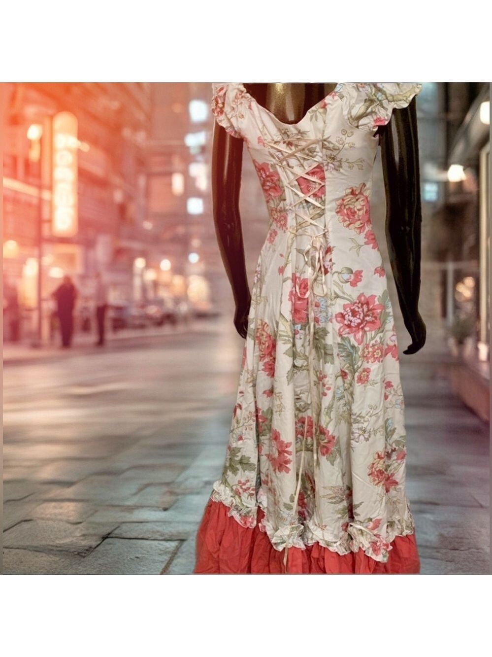 🎉HP🎉Victorian Choice Floral Cottagecore Midi Dress w/ Coral Ruffle Bow - Small - Picture 10 of 11